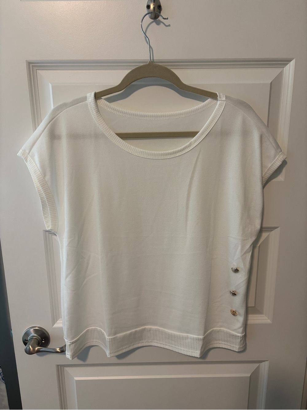 White Short Sleeve Knit Top with Decorative Buttons